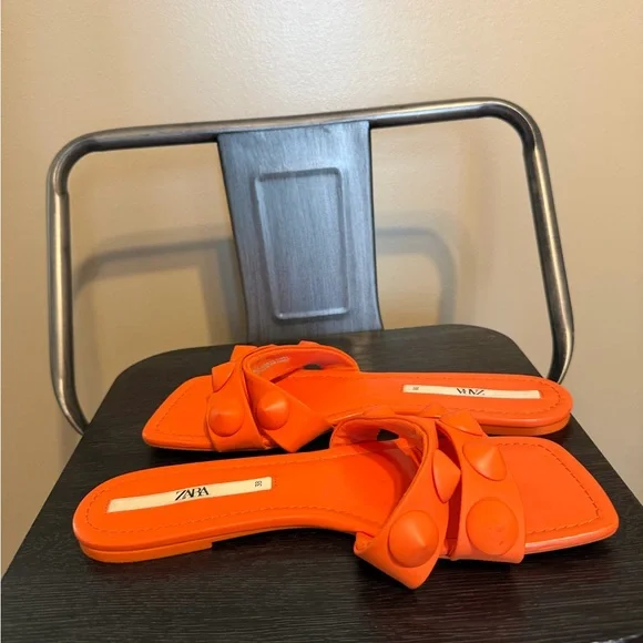 Zara Neon Orange Studded Square Toe Slide Sandals Statement Minimalist EU38 7.5 - Picture 5 of 10